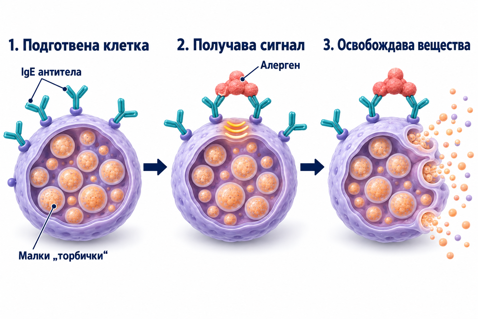 Три последователни етапа: клетка с прикрепени IgE антитела, алерген свързва съседни антитела, клетката освобождава вещества от малките си гранули.