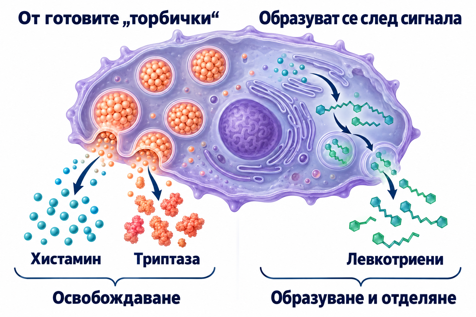 Схема на мастоцит: хистамин и триптаза се освобождават от готовите гранули, а левкотриени се образуват и отделят след задействането.